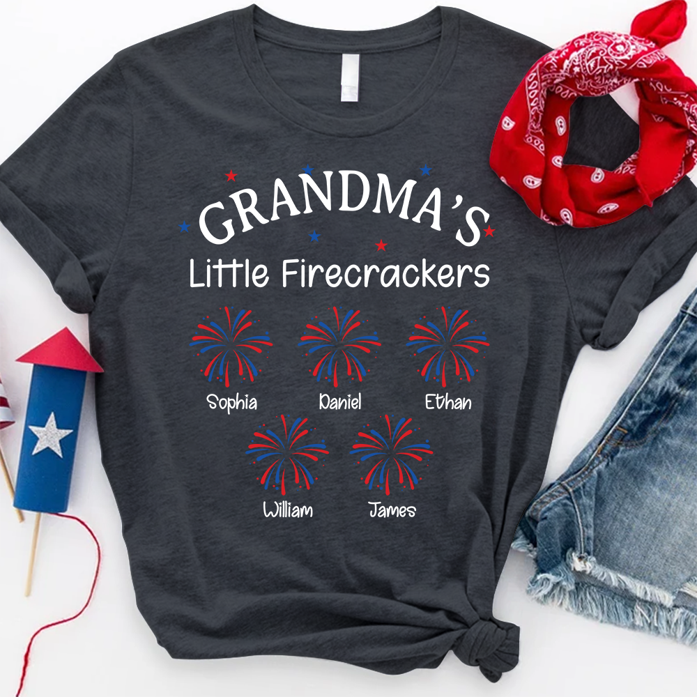 Grandma Little Firecrackers T shirt with Kids Names, Personalized Patriotic Shirt for 4th of July Family Gift