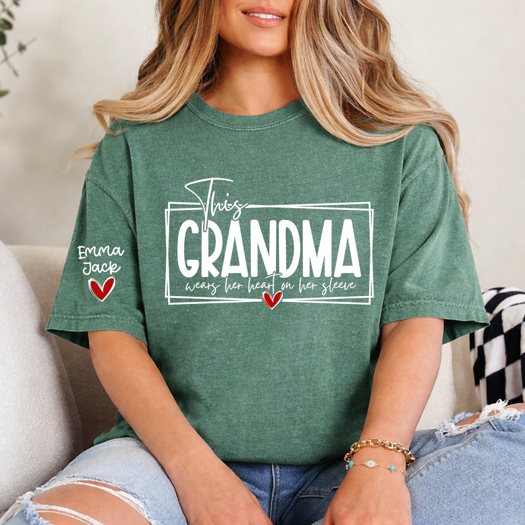 Custom Grandma Family Shirt, This Grandma Wears Her Heart Quote T Shirt