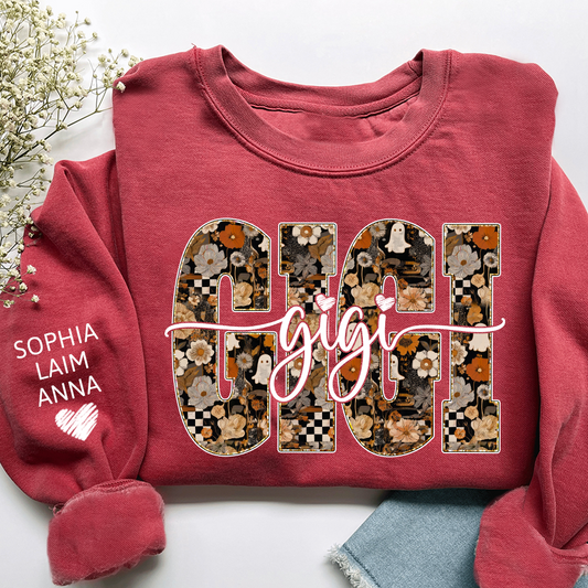 Personalized Gigi Spooky Halloween Sweatshirt with kids’ names on sleeves, Give Family