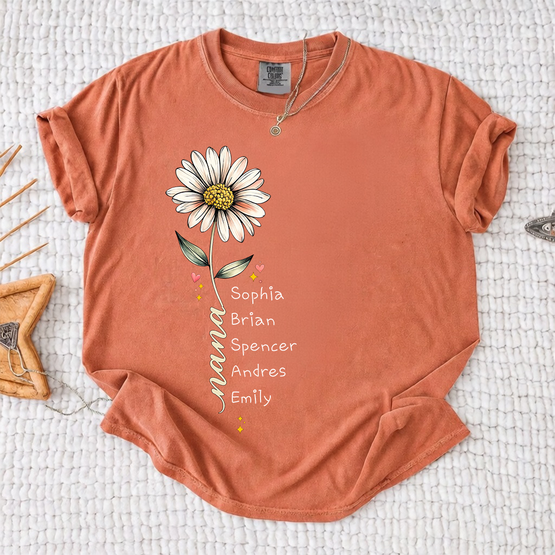 Comfort Colors Personalized Grandma Shirt Daisy Flower Design Custom Nana Mimi Gigi Name Tee with Grandkids Names Vertical Style Family Outfit for Women