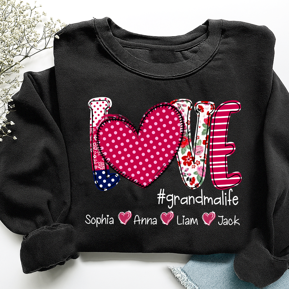 Love Grandma Shirt, Heart Patchwork Sweatshirt with Kids’ Names