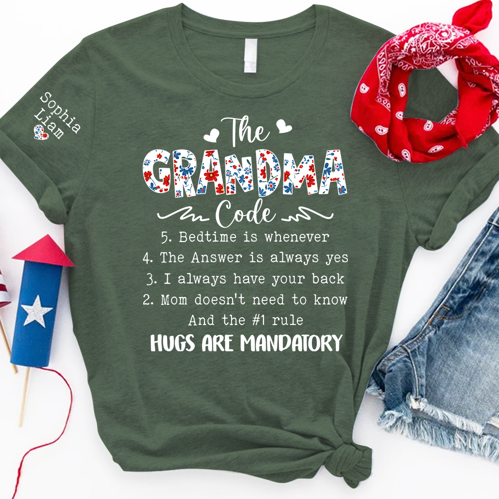 The Grandma Code T Shirt, Personalized Grandma Gift, Patriotic Design with Family Rules, Perfect for Mother’s Day, 4th of July Shirt
