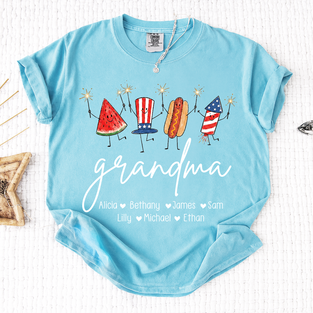 Comfort Colors® Personalized Grandma 4th of July Shirt with Grandkids Names, Patriotic Firecracker Family Tee, Custom Independence Day Grandma Gift