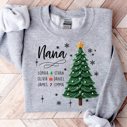 Nana Christmas Sweatshirt with Grandkids’ Names, Cute Tree Holiday Gift