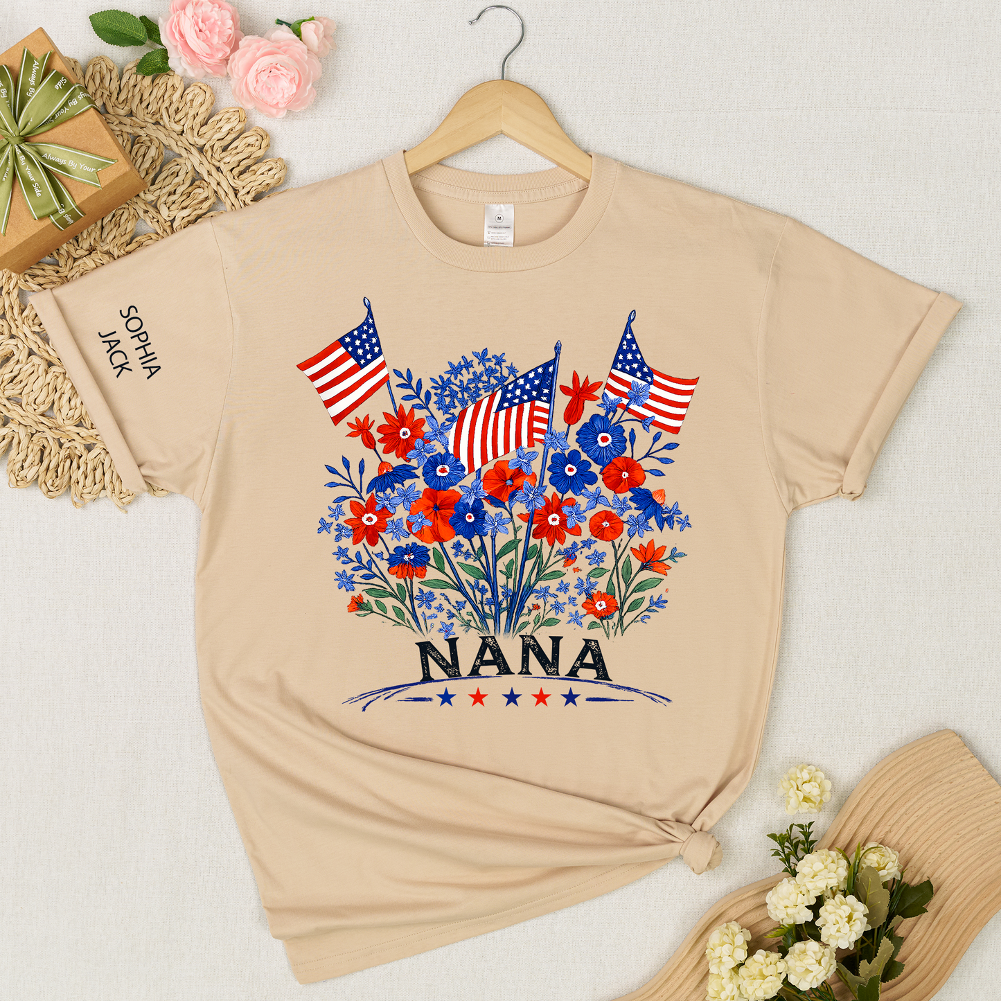 Personalized Nana Shirt Patriotic Floral American Flag Design Custom Grandma Mimi Gigi Name Tee with Grandkids Names Family 4th of July Outfit
