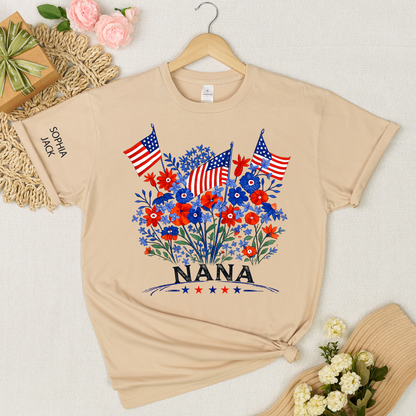 Personalized Nana Shirt Patriotic Floral American Flag Design Custom Grandma Mimi Gigi Name Tee with Grandkids Names Family 4th of July Outfit