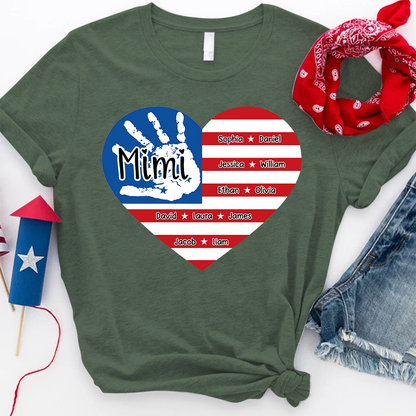 Mimi Custom T Shirt with Family Names, American Flag Heart and Handprint Design, Ideal Gift for Mimi