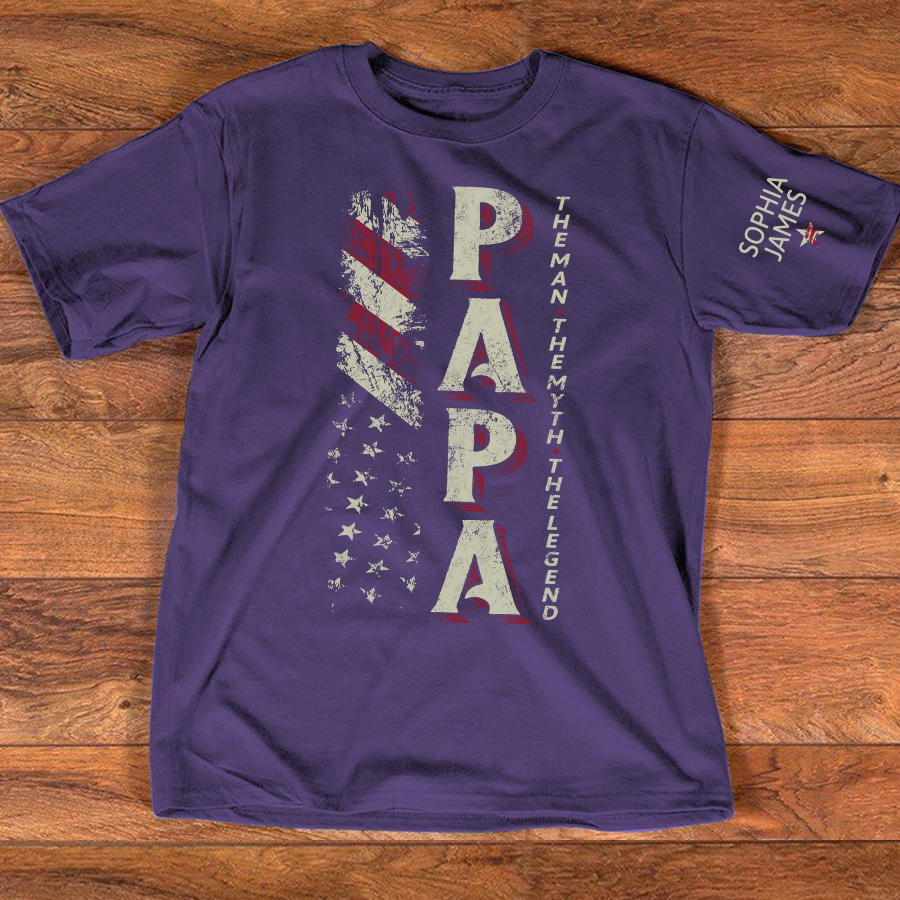 Personalized PAPA The Man, The Myth, The Legend T Shirt, Custom Family Names with American Flag Design, Perfect Gift for Father’s Day