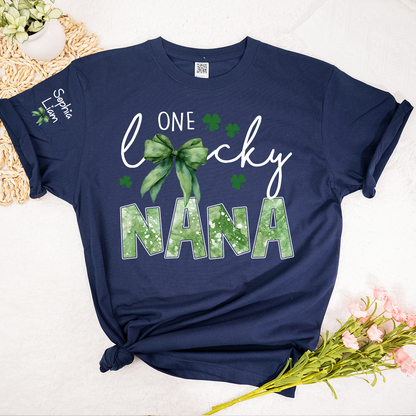 One Lucky Nana Shirt for St Patrick’s Day, Personalized Grandma Shamrock Clover T Shirt with Kids Names