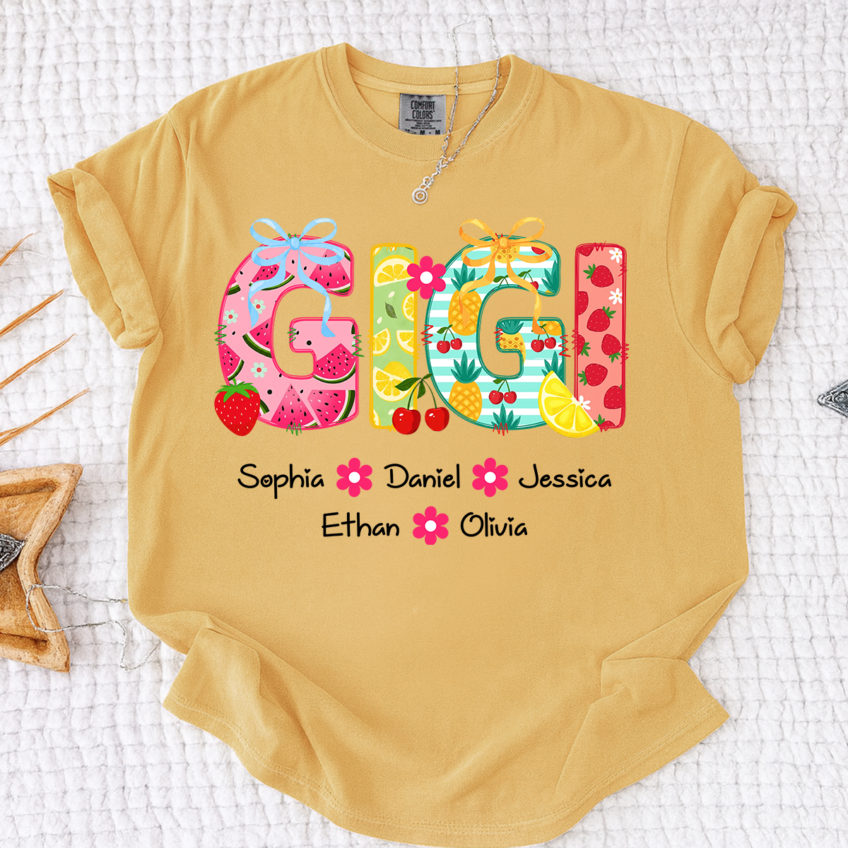 Comfort Colors Personalized Gigi Summer Shirt, Custom Grandma T Shirt with Grandkids Names, Fruit Pattern Family Tee for Gigi Nana Mimi