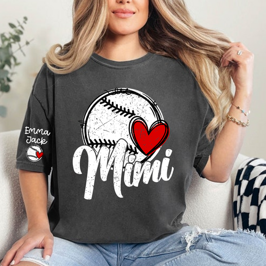 Personalized Mimi Baseball Shirt, Heart and Bat Design with Custom Names