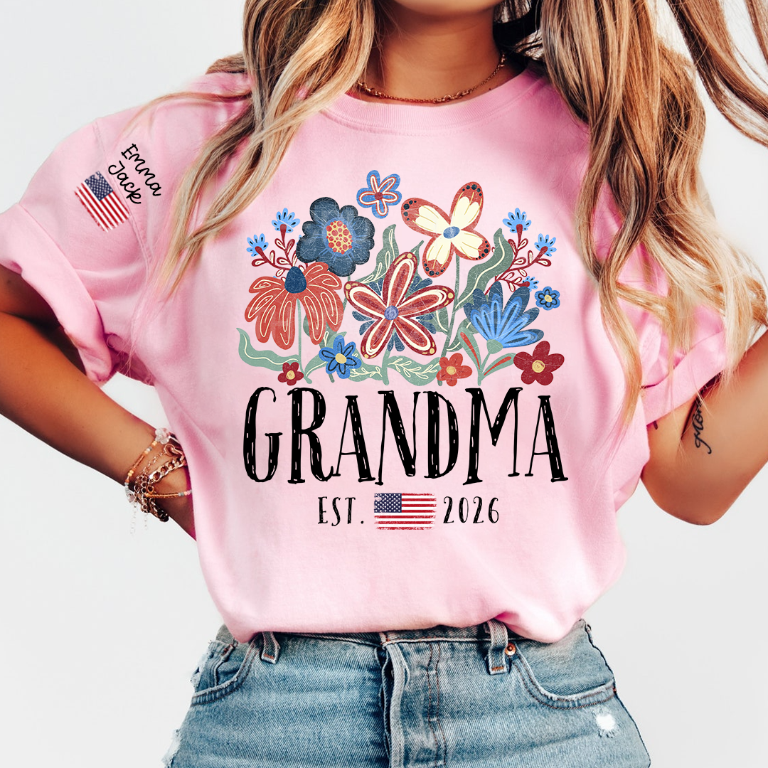 Personalized Flag America Grandma Floral Shirt with Custom Grandkids Names, Colorful Flower Design