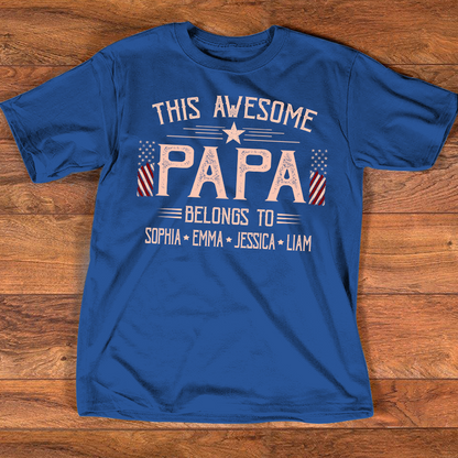 Custom This Awesome Papa T Shirt, American Flag Graphic, Personalized with Family Names for Papa