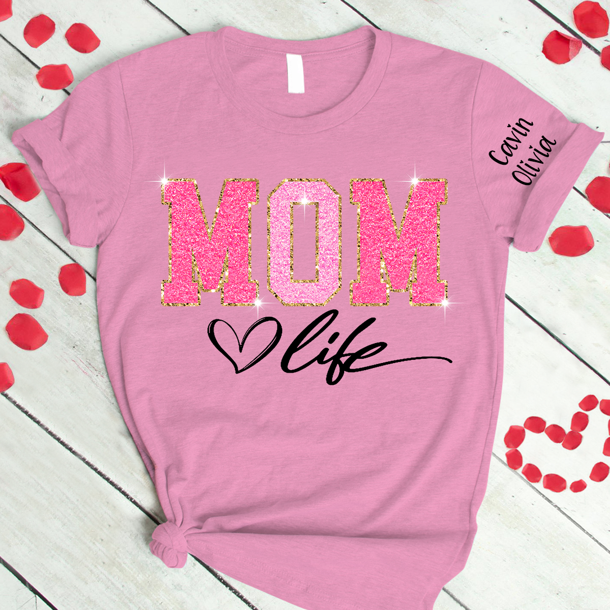 Custom Mom Life Glitter Valentine 2024 T-Shirt