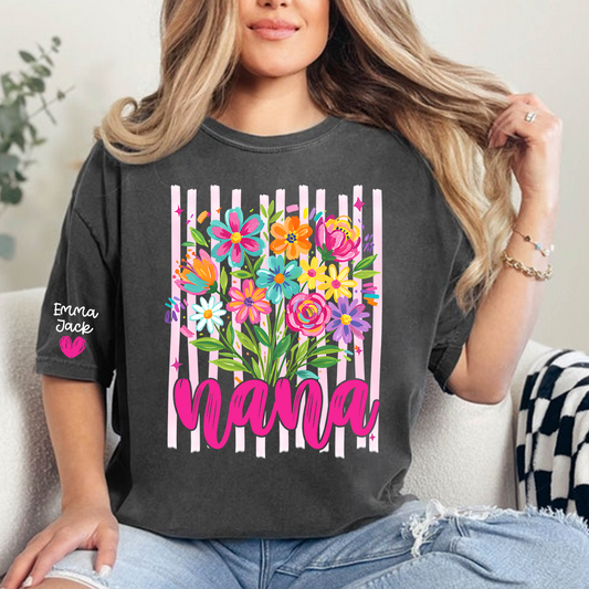 Custom Striped Wildflowers Nana T-Shirt, Trendy Ditsy Floral Gift for Grandma And Kids
