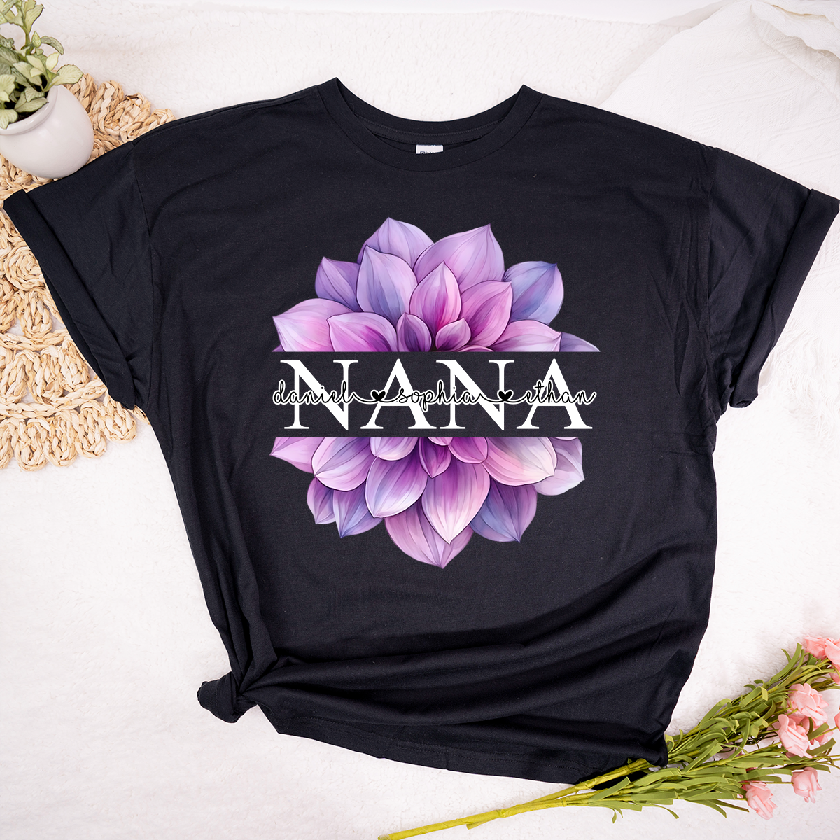 Custom Nana T Shirt with Beautiful Purple Flower, Personalized Grandma Gift with Grandkids Names