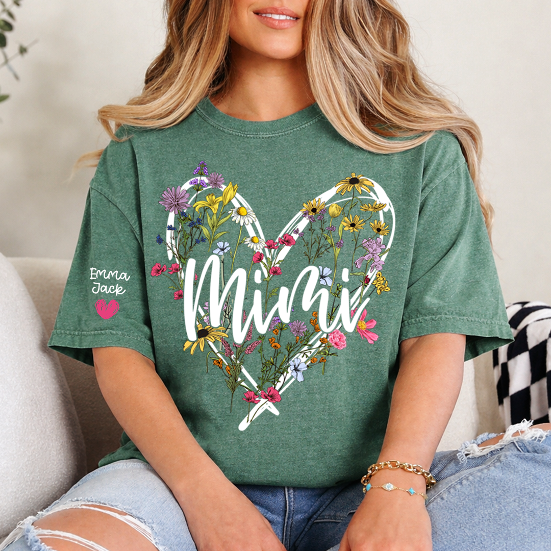 Personalized Mimi Shirt with Grandkids Names, Floral Heart Design Family Tee