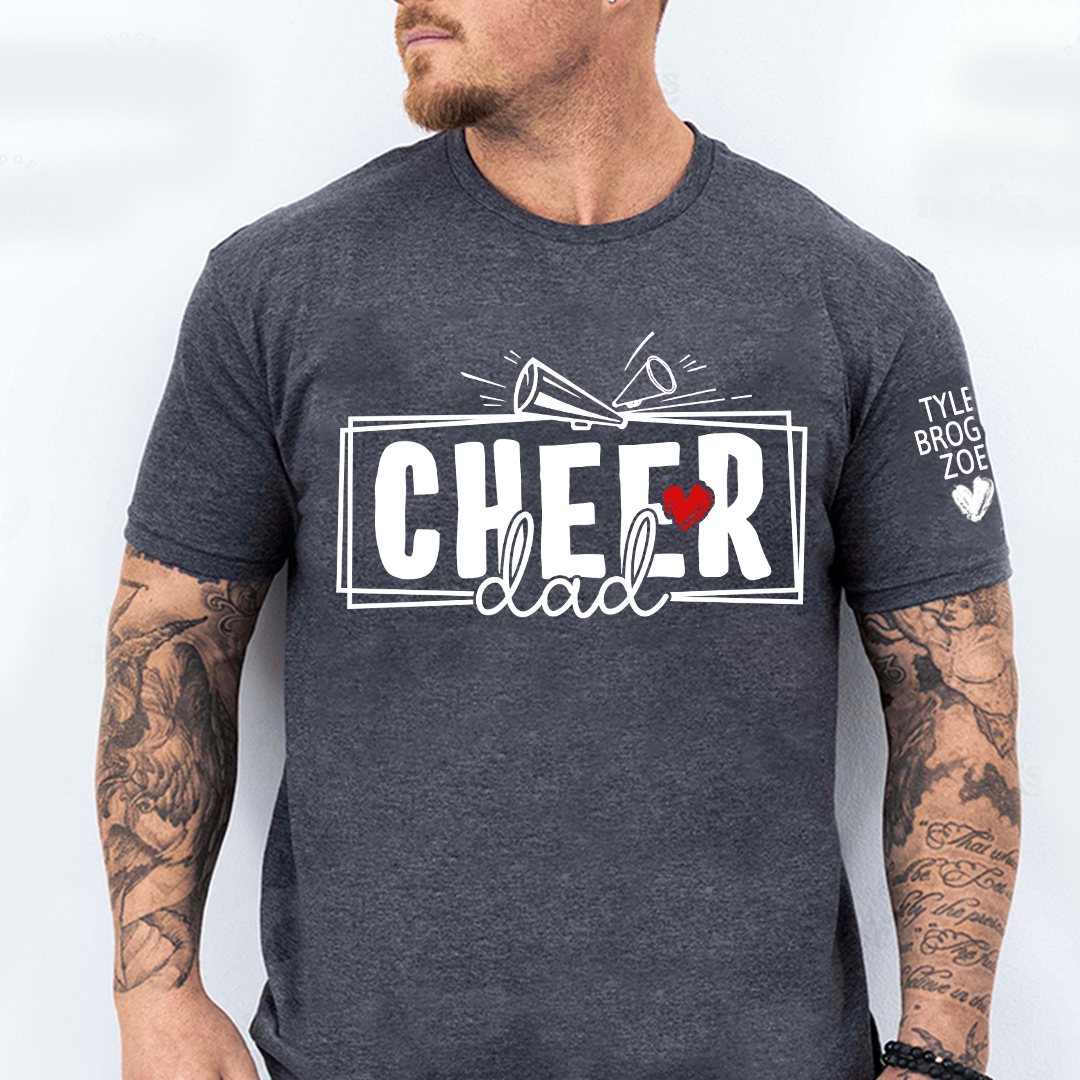 Cheer Papa T-Shirt, Customize With Names On Sleeve, Gift for Cheer Dad