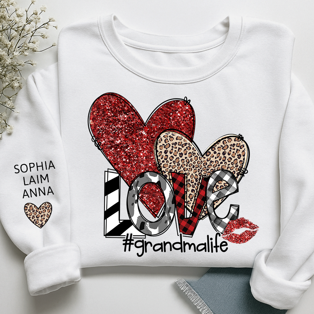 Custom Grandma Life Love Sweatshirt, Leopard & Glitter Heart Design For Grandma And Kids