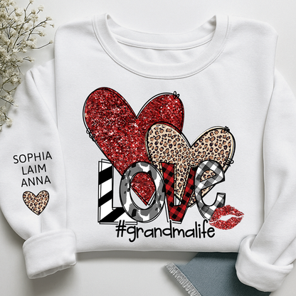 Custom Grandma Life Love Sweatshirt, Leopard & Glitter Heart Design For Grandma And Kids