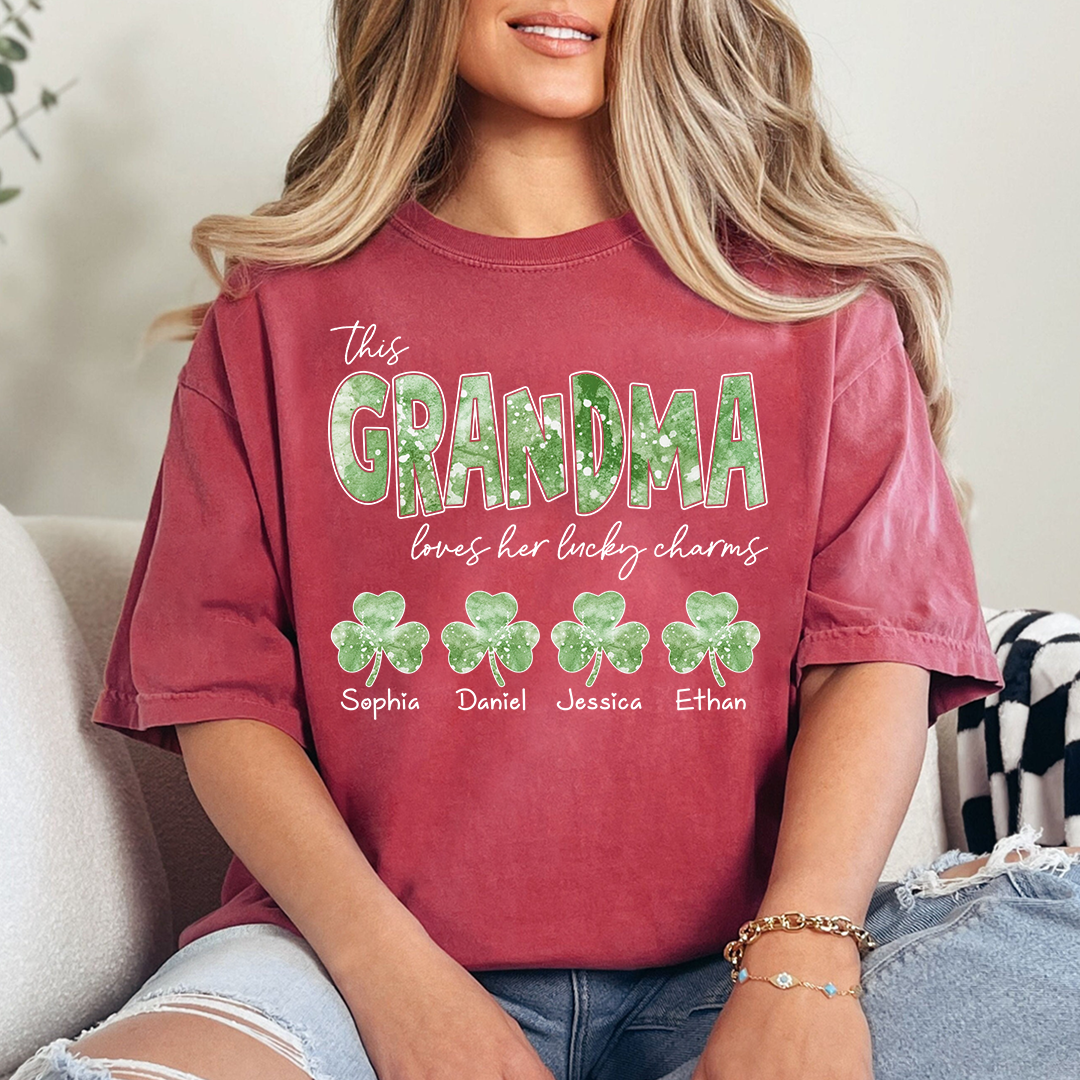 This Nana Loves Her Lucky Charms Grandma Shirt, Custom Name Shamrock T Shirt, St Patrick’s Day Nana Gift from Grandkids