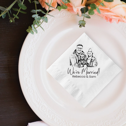 Personalized Sketched Wedding  Napkins, Elegant Gifts for Couple, Engagement Party, Custom Paper Beverage, Engagement