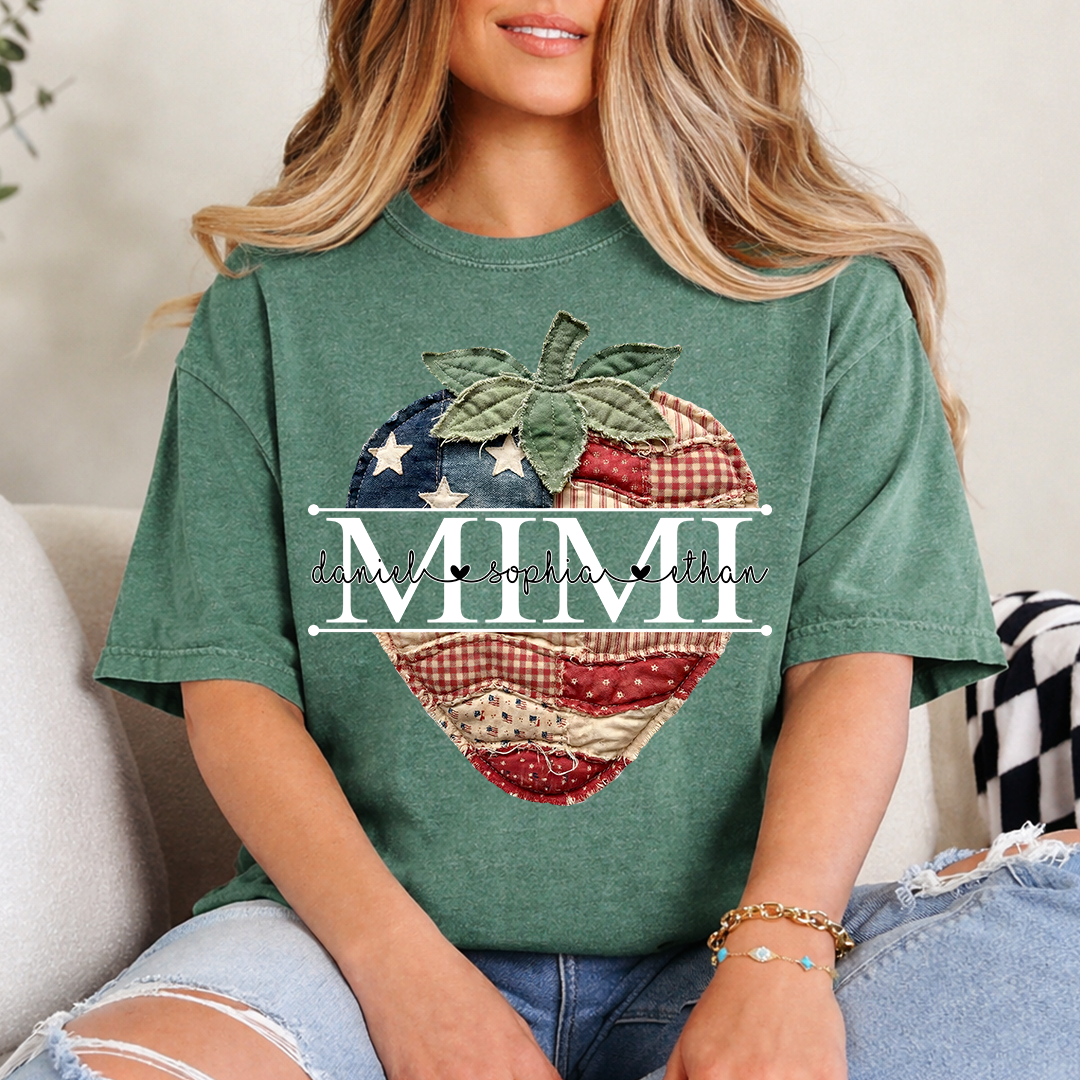 Custom 4th of July Mimi Strawberry T-Shirt, Personalized Patriotic Red White Blue Tshirt
