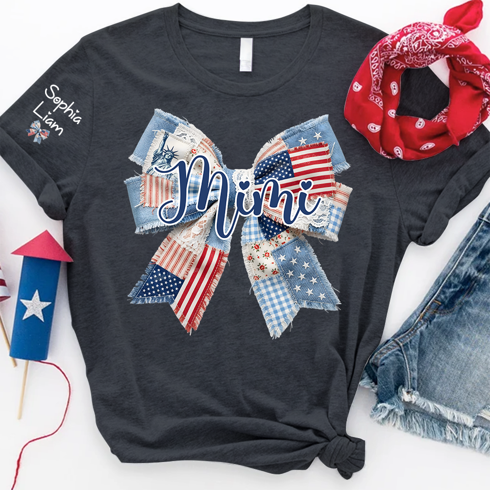 Patriotic Patchwork Bow Mimi T-Shirt, Personalized Grandma Tee with Kids Names for Birthday Mothers Day Christmas