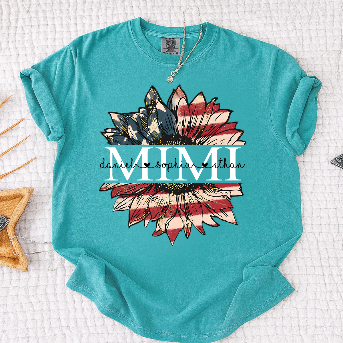 Comfort Colors Personalized Mimi Shirt Sunflower American Flag Design, Custom Kids Names Grandma T Shirt