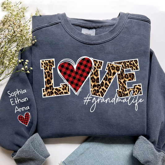 Grandma Sweatshirt Personalized with Names, Love Leopard Print Heart, Cozy Family Crewneck for Grandma