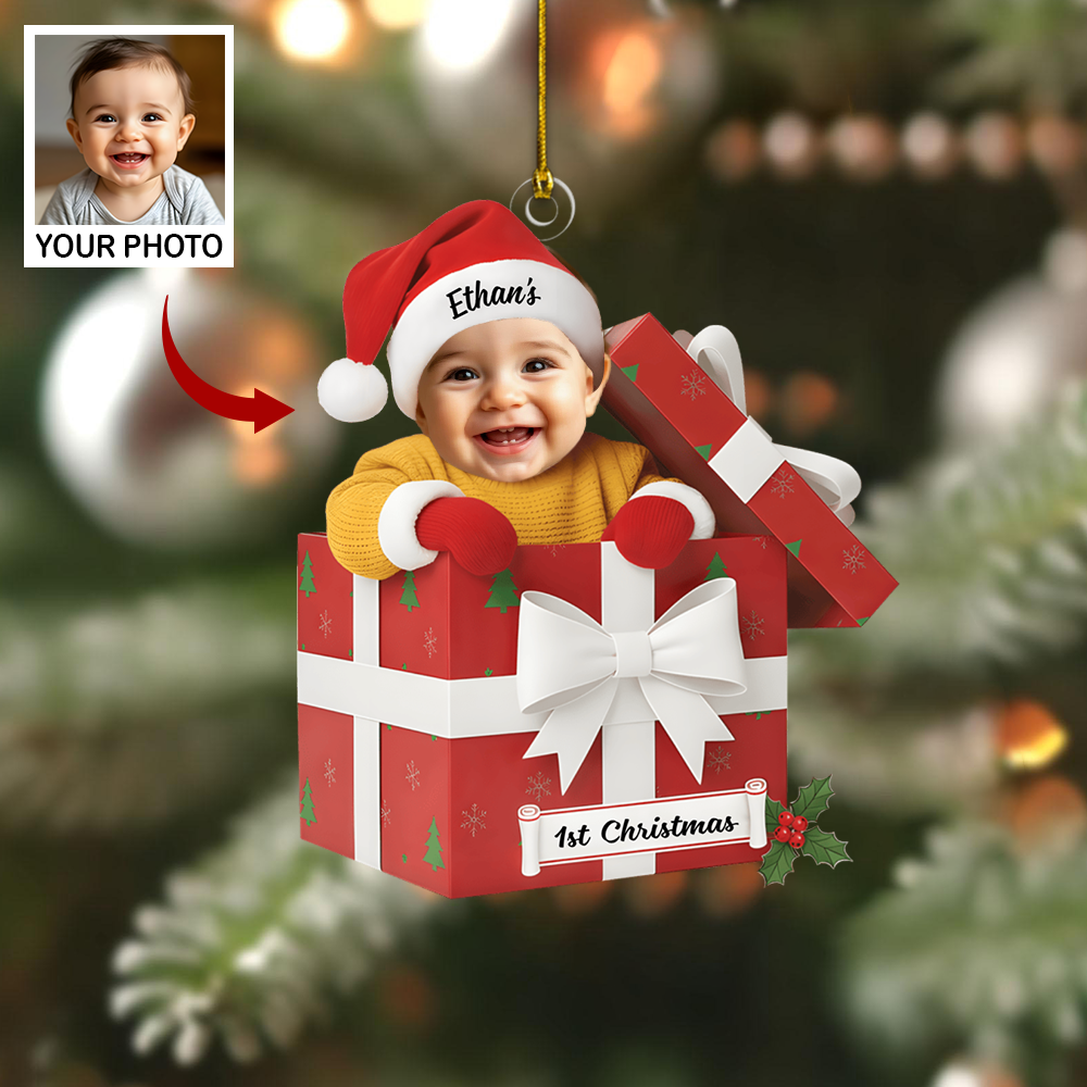 Custom Baby Photo Ornament 2025 – Baby’s 1st Christmas Gift Box Design, Personalized Name Christmas Decoration Ornament