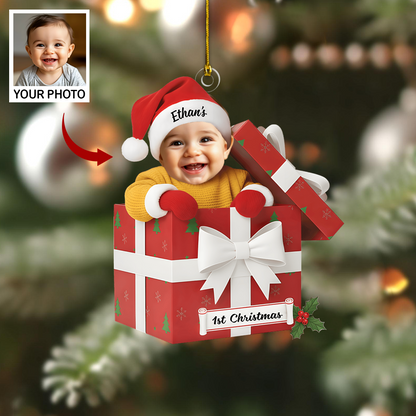 Custom Baby Photo Ornament 2025 – Baby’s 1st Christmas Gift Box Design, Personalized Name Christmas Decoration Ornament