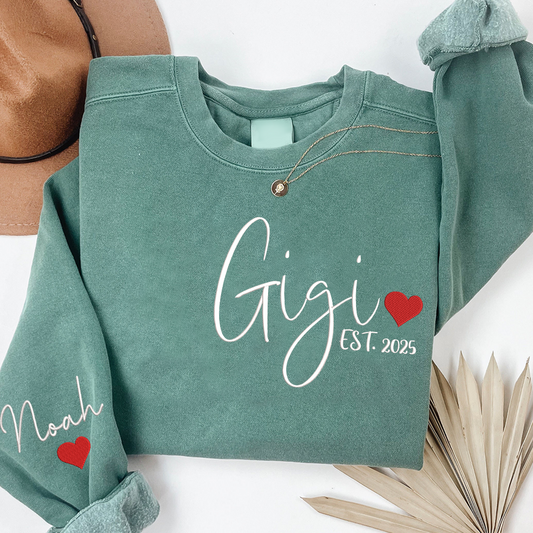 Embroidered Women's Sweatshirt with Heart, Gift For Gigi And Kids