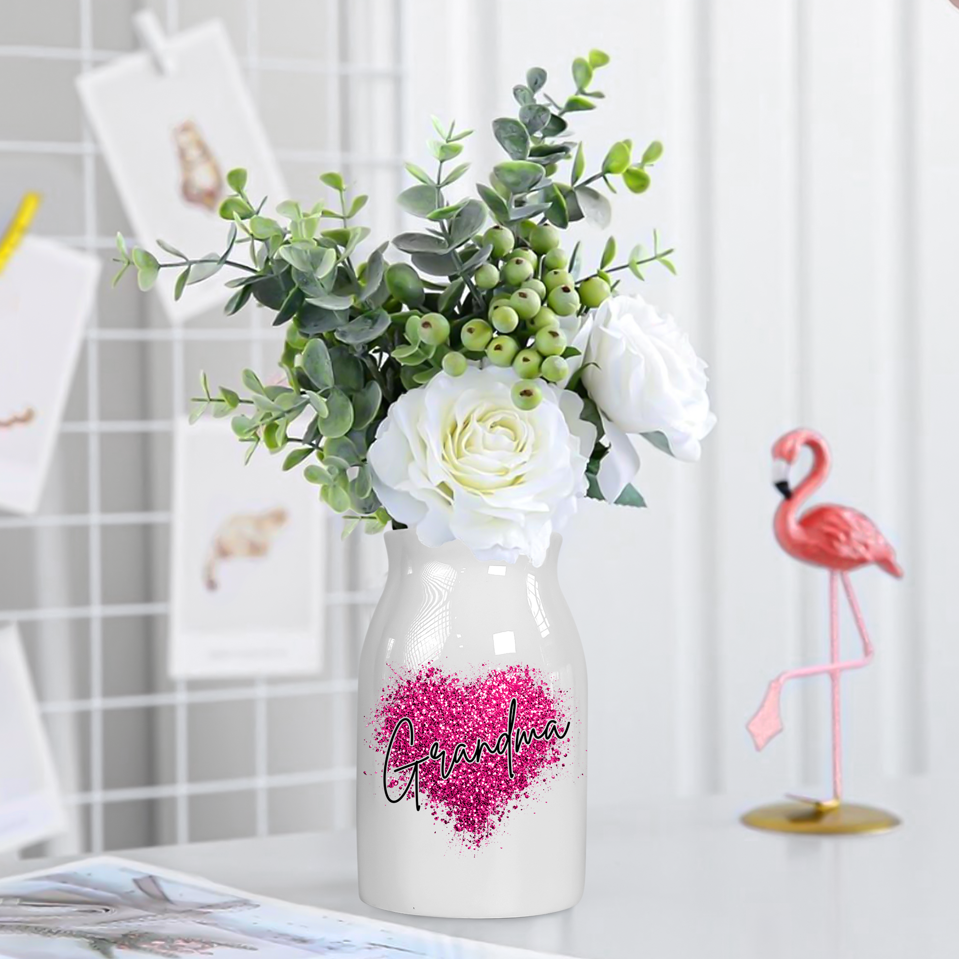 Heart Glitter Grandma And Kids - Custom Home Decoration Flower Vase According To Family Requirements - Warm Gift For Mother's Day, Ceramic Flower Vase
