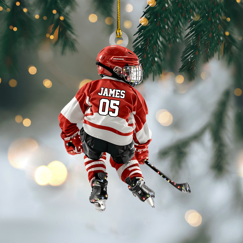 Personalized Hockey Player Ornament – Custom Name & Number Youth Ice Hockey Christmas Decoration Ornament