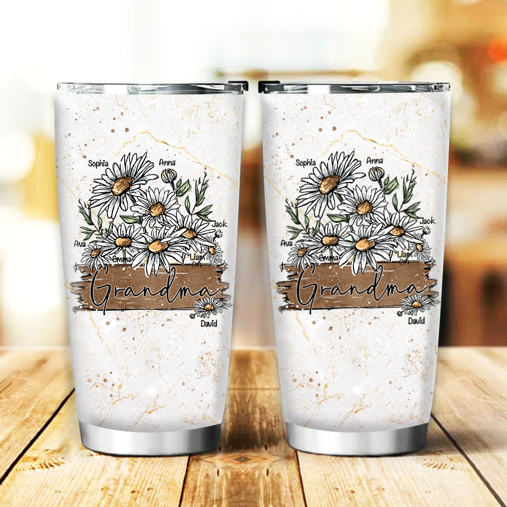Personalized Water Cups, Custom Flower Daisy Grandma And The Kids. Portable Water Cup With Lid