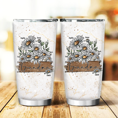 Personalized Water Cups, Custom Flower Daisy Grandma And The Kids. Portable Water Cup With Lid
