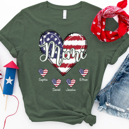 Custom Mimi Shirt with Grandkids Names American Flag Heart Design Personalized Family Name Tee