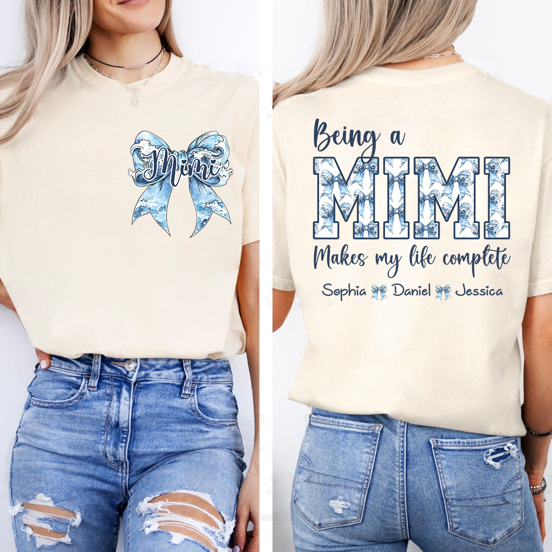 Custom Mimi T Shirt with Grandchildren Names, Blue Bow Coquette Back Design Tee, Personalized Grandma Apparel for Women