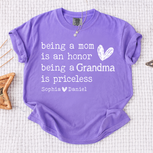 Comfort Colors Custom Grandma T Shirt with Grandkids Names Meaningful Quote Being a Mom Is an Honor Grandma Is Priceless Personalized Family Shirt