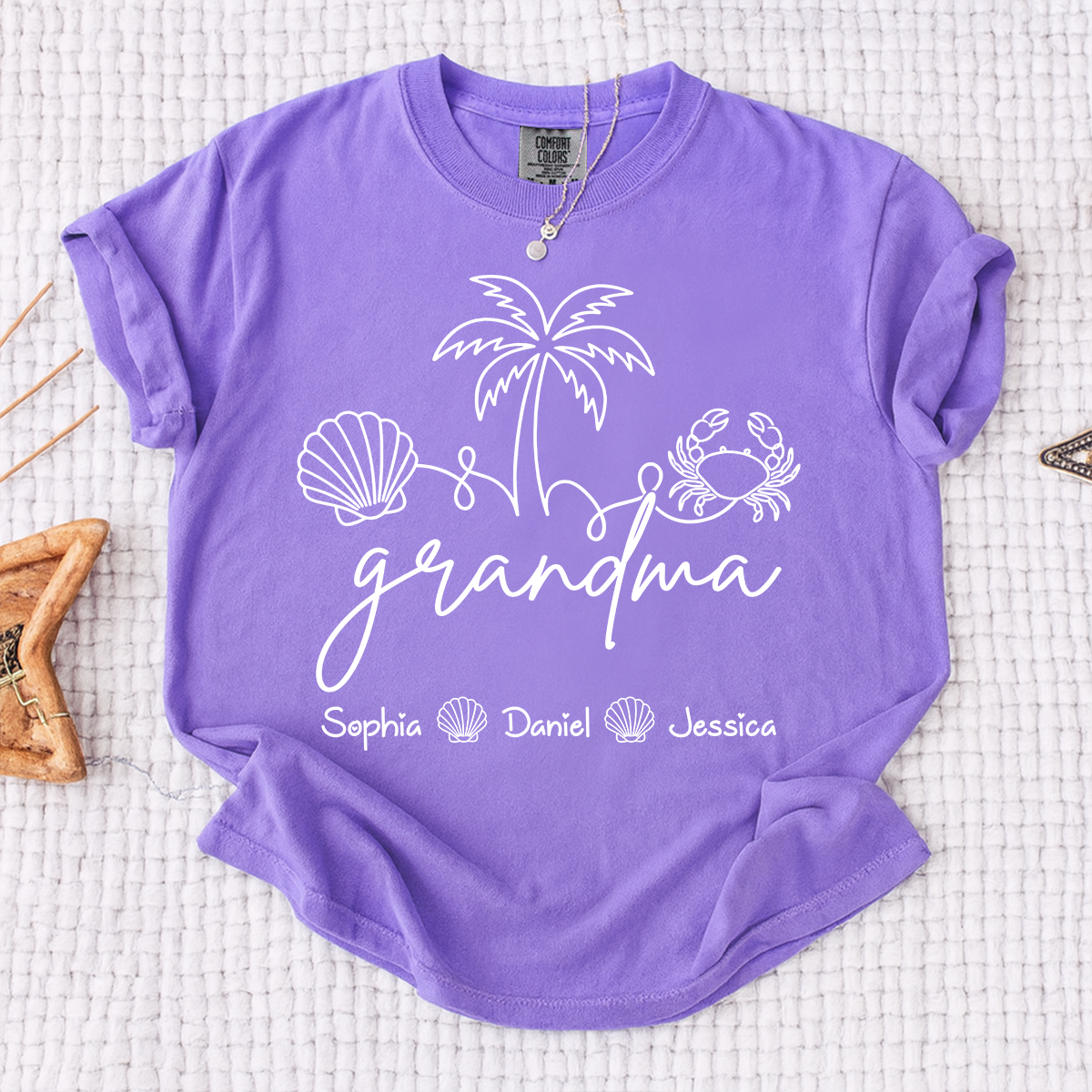 Comfort Colors Personalized Grandma Shirt with Grandkids Names, Custom Beach Line Art Tee, Palm Tree Shell Crab Family T-Shirt