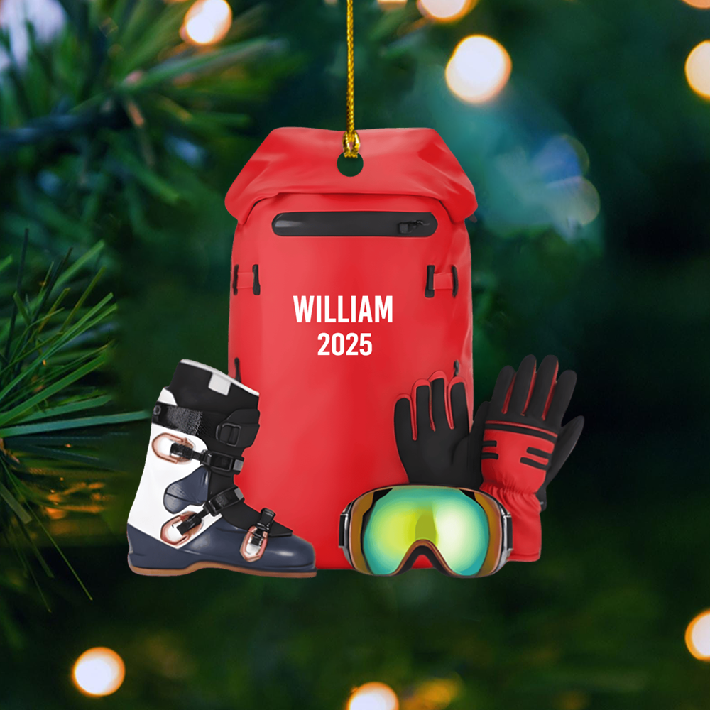 Personalized Ski Gear Ornament 2025 – Custom Name Ski Backpack Christmas Ornament, Gift for Skiers & Snowboard Lovers Ornament