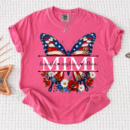 Comfort Custom Mimi T Shirt with Grandkids Names, American Flag Butterfly Family Tee