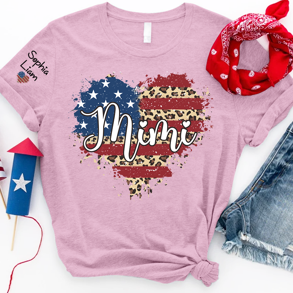 Personalized Mimi Shirt with Kids Names American Flag Heart Leopard Print Custom Grandma Mimi Tee Patriotic Family Shirt for Women