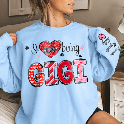 I Love Being Gigi Heart With Grandkids Names On Sleeve Sweatshirt, Personalized Mother's Day Gift