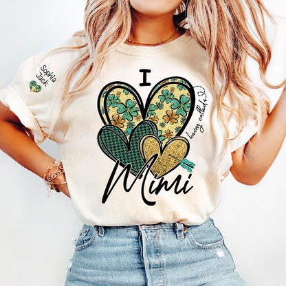 I Love to Be Called Mimi Heart Design T-shirt For St. Patrick's Day, Personalized Clover Design T-shirt for Grandma with Grandchildren's Names
