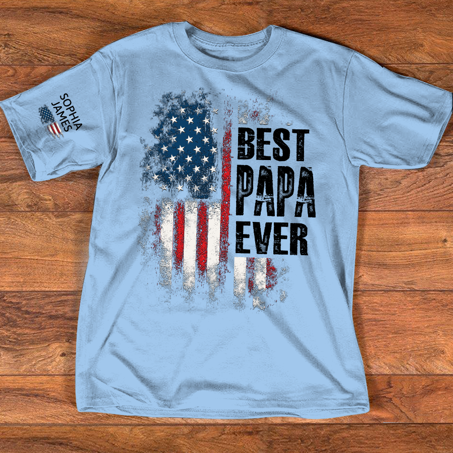 Best Papa Ever Shirt, Personalized Name Papa Tee, American Flag Design, Gift for Dad Grandpa from Kids, Custom Family Shirt