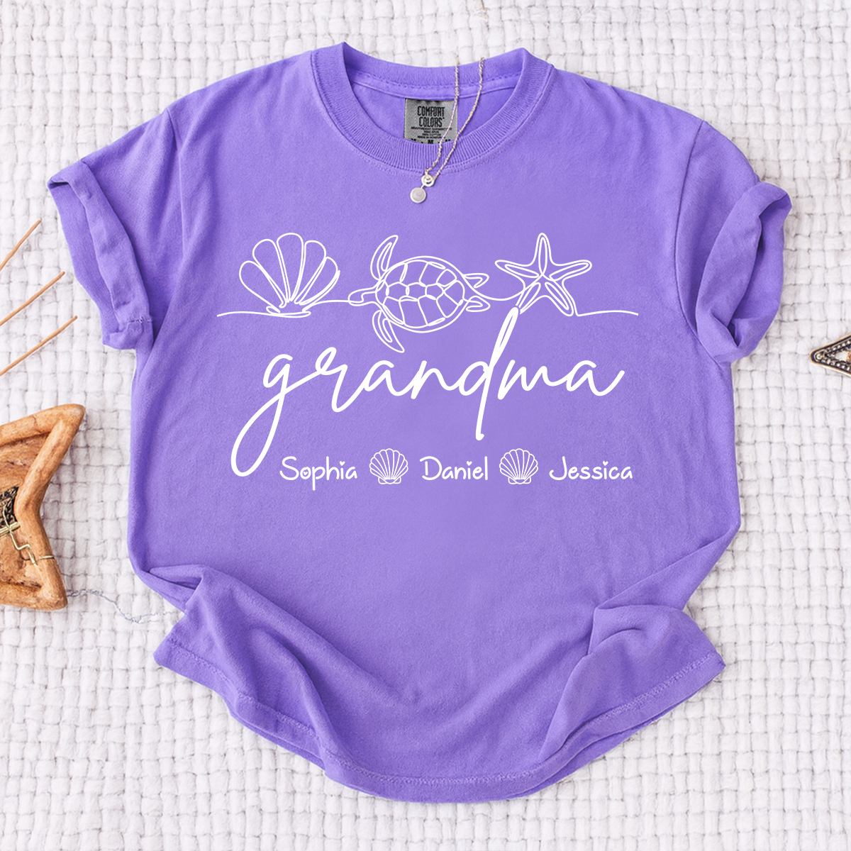 Comfort Colors Personalized Grandma Beach Shirt with Kids Names, Sea Turtle Shell Starfish Graphic Tee, Custom Grandma Summer Vacation Shirt