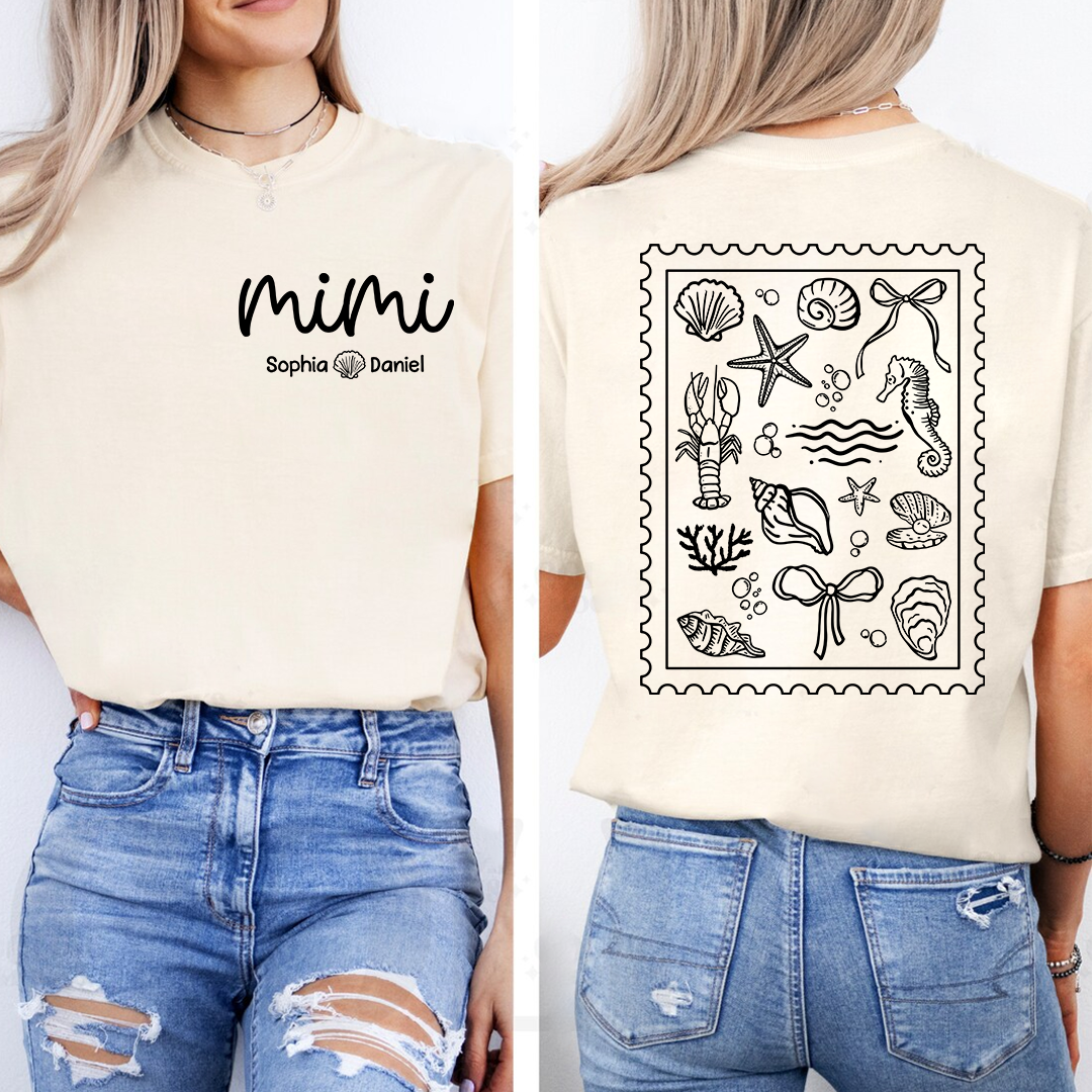 Custom Mimi Shirt with Grandchildren Names, Coastal Seashell Stamp Design Back Print Tee, Beach Lover Gift for Women