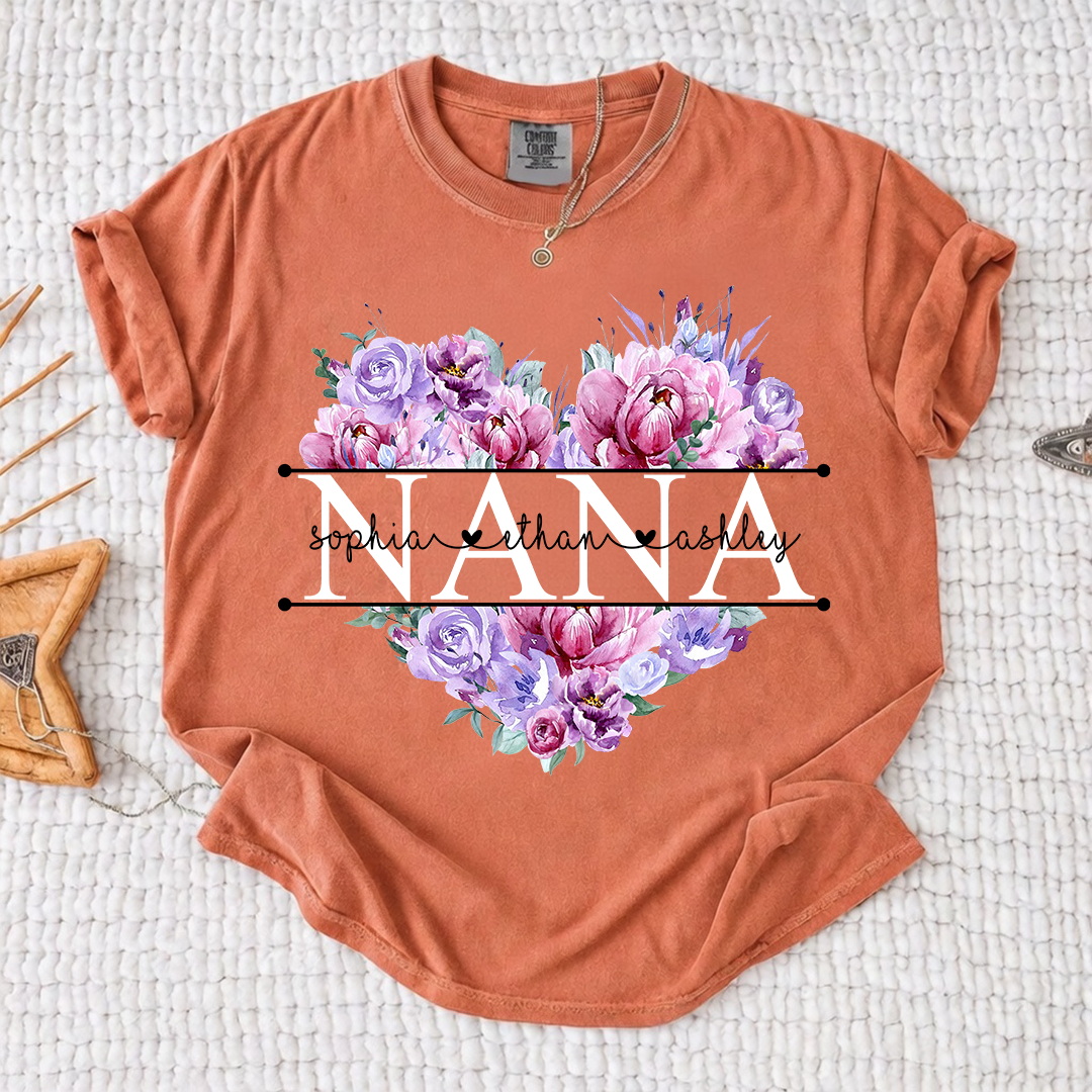 Comfort Color Personalized Nana Shirt Purple Floral Heart Design Custom Grandma Mimi Gigi Name Tee with Grandkids Names Elegant Family Outfit for Women